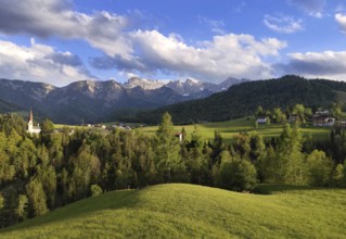 Panoramic view of Steinberg am Rofan, with the Rofanspitze 2259 m, Tyrol, Austria, Europe