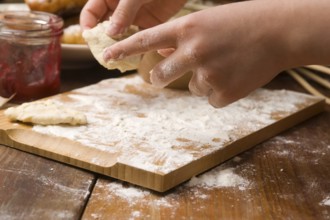 Detail of hands kneading dough, lodz, poland