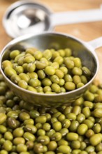 Mung beans over wooden spoon, lodz, poland