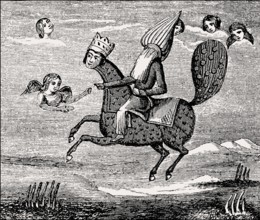 The mythical creature Buraq carried the Islamic prophet Muhammad up in the heavens, Persian