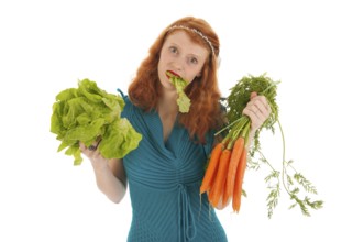 Young woman eating vegetables for diet isolated over white background