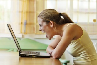 A woman is annoyed with her computer. Problems with hardware, software and internet shopping