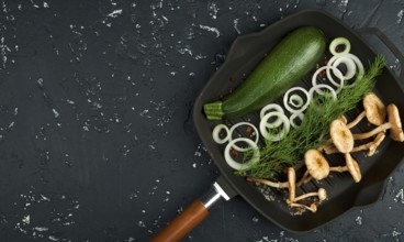 Fresh mushrooms with spices and herbs on black board. View from above. Copy space