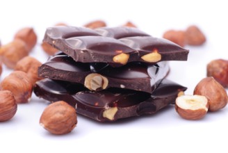 Sliced shocolate with hazelnuts isolated on white