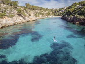 Paddle surf in Cala pi, Llucmajor, Majorca, Balearic Islands, Spain, Europe