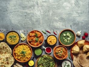 Indian cuisine dishes: tikka masala, dal, paneer, samosa, chapati, chutney, spices. Indian food on