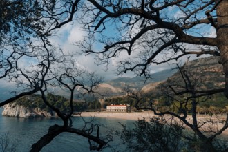 The park Milocer, Villa, beach Queen. Near the island of Sveti Stefan in Montenegro. Wide frame