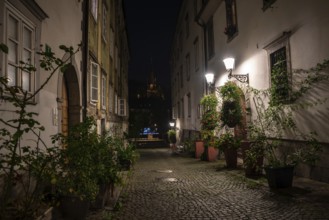Scenic little Krizevniska alley in Ljubljana illuminated at night, arranged with plants at the