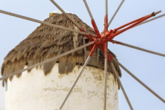 Traditional greek windmill on Mykonos island, Cyclades, Greece close-up view