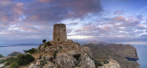 A view of the Albercutx watchtower at Cap de Formentor in northwestern Mallorca at sunrise