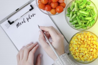 Meal plan. Three Bowls of frozen vegetables food of yellow corn, green beans, red tomatoes. Colors