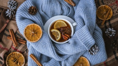 Blue sweater and cup of hot tea with lemon cinnamon sticks and anise star. Dry slices of citrus