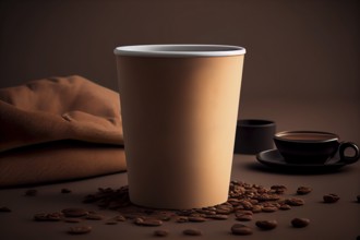 Blank take away kraft coffee cup on table with blurry background