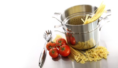 Stainless steel pot with uncooked pasta and tomatoes