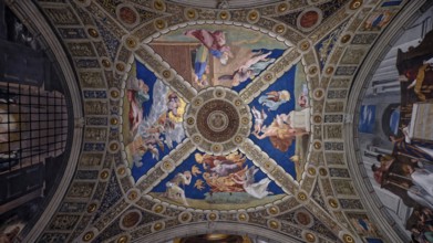 Ornate dome ceiling with frescoes of cherubs against a blue background, Raphael Rooms, Room of