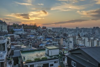 Seoul South Korea, sunrise city skyline at Seoul city center view from Naksan Park