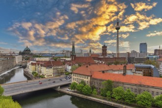 Berlin Germany, sunset city skyline at city center and Spree River