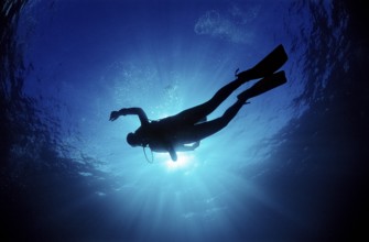 Diver against the light, Bali, Indian Ocean, Indonesia, Asia