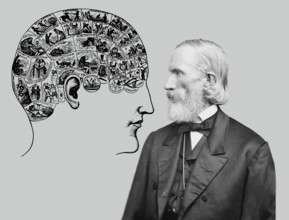 Orson Squire Fowler, 1809 – 1887, American phrenologist with a Phrenological Chart, head with