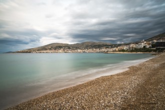 A landscape view of the town of Sarande on the Albanian Riviera coast