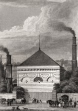 La pompe à feu, Passy, Paris, antique steel engraved print, 1831