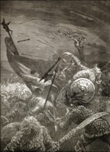 The death of Harold II or Harold Godwinson, c. 1022 - 1066, at the Battle of Hastings, 1066, the