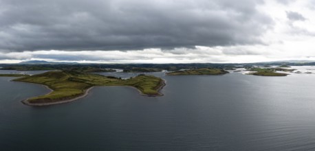 Drone panorama landscape of Rosmoney Pier and marina and the drumlin islands of Clew Bay
