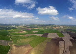 Aerial landscape with hilly agricultural fields in Morocco