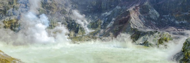 Active Volcano at White Island New Zealand. Volcanic Sulfur Crater Lake. Web banner