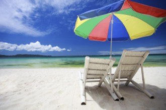 Beach with parasol and deckchair, Boracay, Philippines, Boracay, Philippines, Asia