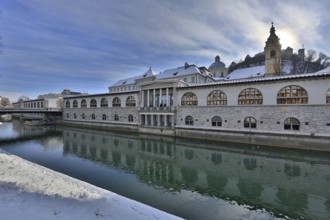 River Ljubljanica, market halls, Ljubljana Cathedral and Castle, Ljubljana Ljubljana, Central
