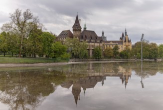 A picture of the Vajdahunyad Castle reflected on the City Park Lake