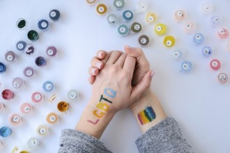 Rainbow LGBTQ flag painted on hand. Support for lgbt community. Honour of pride month. Connecting