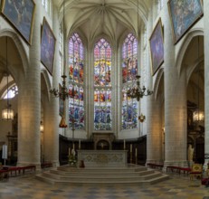 Dole, France, 14 September, 2022: interior view of the altar and central nave of the Collegiale