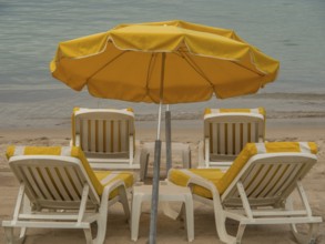 Yellow deckchairs and parasols on a quiet beach, Cannes, mediterranean sea, france