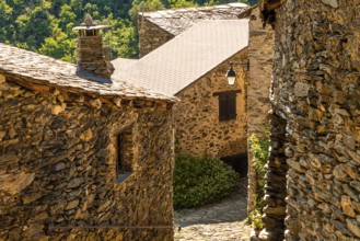 Traditional stone village houses in Evol, French Pyrenees, Pyrenees-Orientales, Occitanie, France,