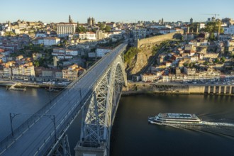 Porto City, Douro River and Empty Dom Luis Bridge I in Morning. View from Famous Tourist Viewpoint