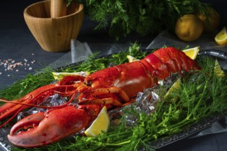 The cooked lobster on ice