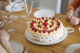 Home made strawberry cake with cream and hearts, Copenhagen, Denmark, Europe
