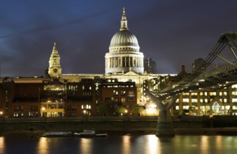 Cityscape of London at Night with St Paul's Cathedral and Millenium Bridge London, England, Great