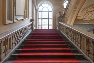 Turin, Italy, January 2023: Palazzo Barolo staircase. Luxury palace with old baroque interior and
