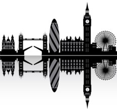 Illustration drawing of the London city skyline England with the wheel and the tower bridge
