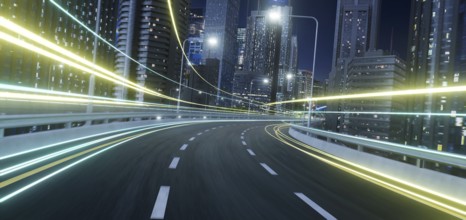 Abstract motion curvy urban road with trail light motion effect applied . Automobile background use