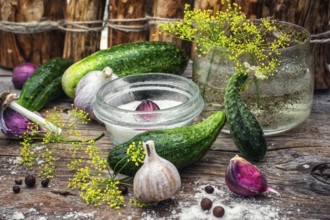 Cucumber pickled with dill and garlic on wooden table.Photo tinted