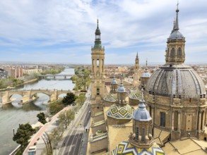 Aerial cityscape view of basilica of Our Lady in Zaragoza city in Spain