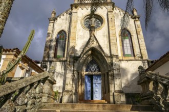 Close-up front view of church with in sunlight, Sanctuary Caraca, Minas Gerais, Brazil, South