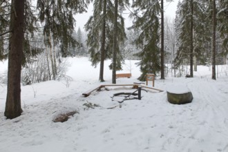 View of Sorsakorpi recreational area campfire site in cloudy winter weather, Kerava, Finland,