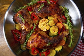 Roasted chicken legs with various vegetables and spices