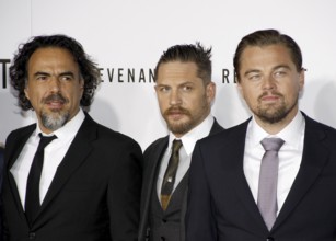 HOLLYWOOD, CA, Alejandro Gonzalez Inarritu, Leonardo DiCaprio and Tom Hardy at the Los Angeles