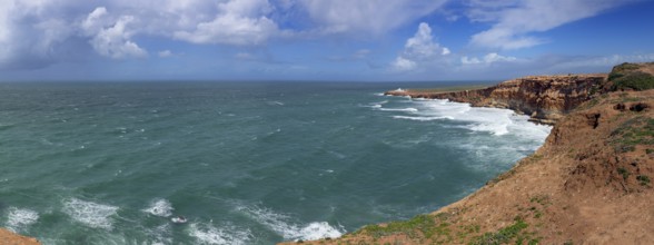 Panorama of ocean waves and rocks on the Atlantic coast in Morocco
